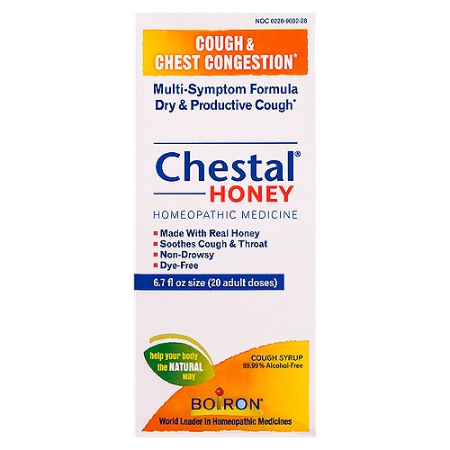 Boiron Chestal Honey Cough and Chest Congestion Syrup 6.7 Fluid Ounce
Boiron Chestal Honey temporarily relieves dry cough due to minor throat and bronchial irritation as may occur with a cold, helps relieve chest congestion by loosening mucus and thinning bronchial secretions to make coughs more productive.

Cough & Chest Congestion*

Multi-symptom formula dry & productive cough*

Chestal is your day and night solution for relieving all types of common coughs.
■ Natural honey base coats & soothes the throat
■ Loosens chest congestion
■ Calms dry, fitful coughs
■ Non-drowsy, no drugs interactions
■ Dye-free
■ For everyone ages 2 & up

Drug Facts
Active ingredients** (in each ml) - Purpose*
Antimonium tartaricum 6C HPUS - Helps loosen thick mucus
Bryonia 3C HPUS - Relieves dry and painful cough
Coccus cacti 3C HPUS - Relieves cough associated with a tickling in the throat
Drosera 3C HPUS - Relieves barking cough worse at night
Ipecacuanha 3C HPUS - Relieves cough associated with nausea
Pulsatilla 6C HPUS - Relieves wet cough during the day becoming dry at night
Rumex crispus 6C HPUS - Relieves dry cough triggered by cold air
Spongia tosta 3C HPUS - Relieves dry, croupy and barking cough
Sticta pulmonaria 3C HPUS - Relieves nighttime hacking cough
**C, K, CK, and X are homeopathic dilutions: see BoironUSA.com/info for details.
The letters HPUS indicate that this ingredient is officially included in the Homeopathic Pharmacopoeia of the United States.

Uses*
■ temporarily relieves dry cough due to minor throat and bronchial irritation as may occur with a cold
■ helps relieve chest congestion by loosening mucus and thinning bronchial secretions to make coughs more productive
*These ''Uses'' have not been evaluated by the Food and Drug Administration.