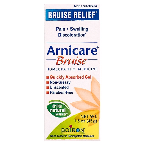 Boiron Arnicare Bruise, 1.5 oz
Boiron Arnicare Bruise reduces pain, swelling and discoloration from bruises.

Bruise Relief*
Pain, swelling, discoloration*

Arnica natural Ingredient◆
◆Homeopathic mother tincture made from Arnica montana fresh whole plant.

#1 Homeopathic Arnica Pain Reliever

Drug Facts
Active ingredient** - Purpose*
Arnica montana 1x HPUS-7% - Reduces pain, swelling and discoloration from bruising
The letters HPUS indicate that this ingredient is officially included in the Homeopathic Pharmacopoeia of the United States. 

Uses*
■ reduces pain, swelling and discoloration from bruises
*These ''Uses'' have not been evaluated by the Food and Drug Administration.
**C, K, CK, and X are homeopathic dilutions