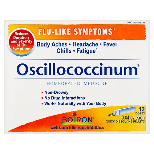 Boiron Oscillococcinum Quick-Dissolving Pellets, 0.04 oz, 12 count
Flu-like symptoms*
Body aches, headache, fever, chills, fatigue*

Drug Facts
Active ingredient** - Purpose*
Anas barbariae 200CK HPUS - To reduce the duration and severity of flu-like symptoms
The letters HPUS indicate that this ingredient is officially included in the Homeopathic Pharmacopoeia of the United States.

Uses*
■ temporarily relieves flu-like symptoms such as:
■ body aches
■ headache
■ fever
■ chills
■ fatigue

*These ''Uses'' have not been evaluated by the Food and Drug Administration.
**C, K, CK, and X are homeopathic dilutions: see www.boironusa.com for details.