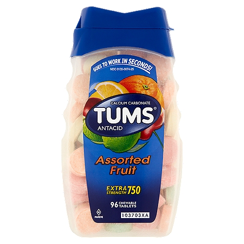 Tums Assorted Fruit Extra Strength 750 Chewable Tablets, 96 count
Uses
Relieves
• heartburn
• acid indigestion
• sour stomach
• upset stomach associated with these symptoms

Drug Facts
Active ingredient (per tablet) - Purpose
Calcium carbonate USP 750mg - Antacid