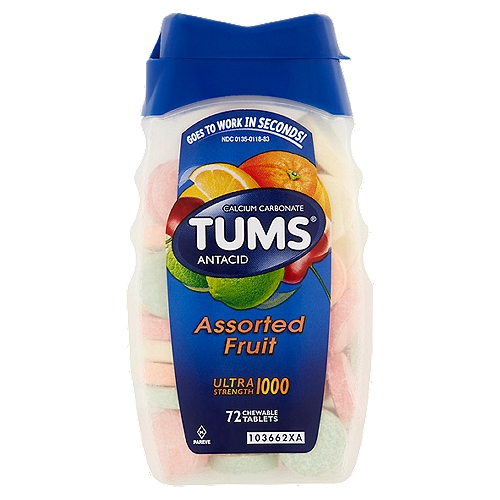 Tums Assorted Fruit Ultra Strength 1000 Chewable Tablets, 72 count
Uses
Relieves
• heartburn
• acid indigestion
• sour stomach
• upset stomach associated with these symptoms

Drug Facts
Active ingredient (per tablet) - Purpose
Calcium carbonate USP 1000mg - Antacid