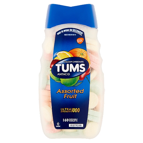 Tums Assorted Fruit Ultra Strength 1000 Chewable Tablets, 160 count
Uses
Relieves
• heartburn
• acid indigestion
• sour stomach
• upset stomach associated with these symptoms

Drug Facts
Active ingredient (per tablet) - Purpose
Calcium Carbonate USP 1000mg - Antacid
