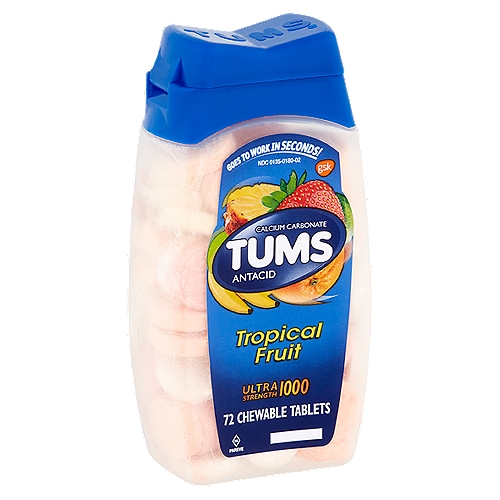 Tums Tropical Fruit Ultra Strength 1000 Antacid Chewable Tablets, 72 count
Drug Facts
Active ingredient (per tablet) - Purpose
Calcium carbonate USP 1000 mg - Antacid

Uses
Relieves
• heartburn
• acid indigestion
• sour stomach
• upset stomach associated with these symptoms