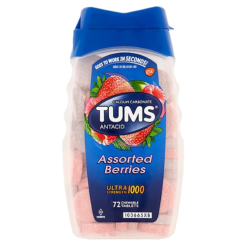 Tums Assorted Berries Ultra Strength 1000 Chewable Tablets, 72 count
Uses
Relieves
• heartburn
• acid indigestion
• sour stomach
• upset stomach associated with these symptoms

Drug Facts
Active ingredient (per tablet) - Purpose
Calcium carbonate USP 1000mg - Antacid
