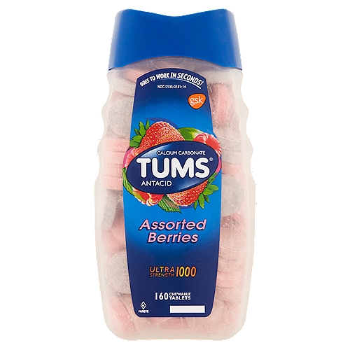 Tums Assorted Berries Ultra Strength 1000 Chewable Tablets, 160 count
Drug Facts
Active ingredient (per tablet) - Purpose
Calcium carbonate USP 1000mg - Antacid

Uses
Relieves
• heartburn
• acid indigestion
• sour stomach
• upset stomach associated with these symptoms