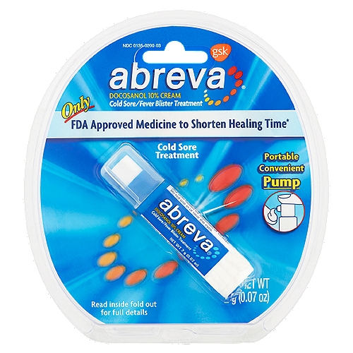 Abreva Cold Sore Treatment Cream, 0.07 oznOnly FDA approved medicine to shorten healing time*n*Abreva contains the only OTC medicine approved by the FDA to shorten healing time and duration of symptoms.nnUsesn• treats cold sores/fever blisters on the face or lipsn• shortens healing time and duration of symptoms:n • tingling, pain, burning, and/or itchingnnDrug FactsnActive ingredient - PurposenDocosanol 10% - Cold sore/fever blister treatment