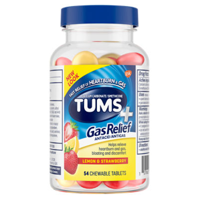 TUMS+ Gas Relief Chewy Bites Chewable Antacid Tablets, Lemon & Strawberry - 54 Count