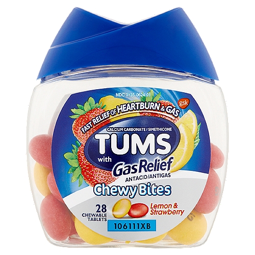 Gsk Tums Lemon & Strawberry with Gas Relief Chewable Tablets, 28 count
Calcium Carbonate / Simethicone

Uses
Relieves
• heartburn
• acid indigestion
• sour stomach
• upset stomach associated with these symptoms
• gas associated with heartburn, sour stomach, or acid indigestion

Drug Facts
Active ingredients (per tablet) - Purpose
Calcium Carbonate USP 750 mg - Antacid
Simethicone USP 80 mg - Antigas
