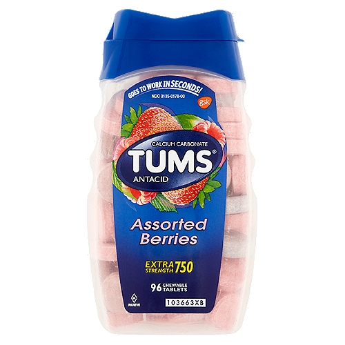 Tums Assorted Berries Extra Strength 750 Chewable Tablets, 96 count
Uses
Relieves
• heartburn
• acid indigestion
• sour stomach
• upset stomach associated with these symptoms

Drug Facts
Active ingredient (per tablet) - Purpose
Calcium carbonate USP 750mg - Antacid