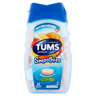 Tums Smoothies Assorted Fruit Extra Strength 750 Chewable Tablets, 60 count, 60 Each