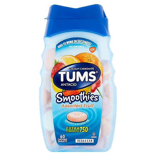 Tums Smoothies Assorted Fruit Extra Strength 750 Chewable Tablets, 60 count
Uses
Relieves
• heartburn
• acid indigestion
• sour stomach
• upset stomach associated with these symptoms

Drug Facts
Active ingredient (per tablet) - Purpose
Calcium Carbonate USP 750mg - Antacid