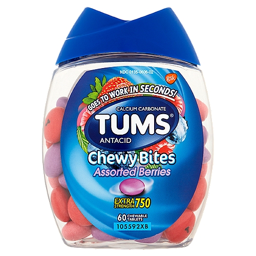 Tums Chewy Bites Assorted Berries Extra Strength 750 Chewable Tablets, 60 count
Uses
Relieves
• heartburn
• acid indigestion
• sour stomach
• upset stomach associated with these symptoms

Drug Facts
Active ingredient (per tablet) - Purpose
Calcium carbonate USP 750mg - Antacid