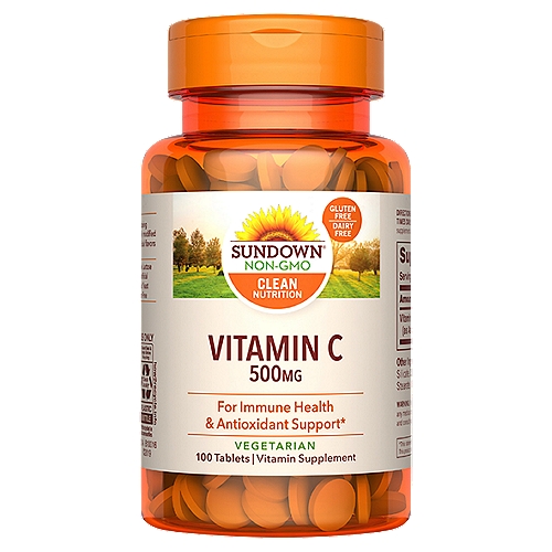 Sundown Naturals Vitamin C Tablets, 500 mg, 100 count
Vitamin Supplement

Supports immune health*

Non-GMO. No gluten, no wheat, no milk, no lactose, no artificial color, no artificial flavor, no artificial sweetener, no preservatives, no sugar, no soy, no starch, no yeast, no fish. Sodium free.

Smart Facts
• No artificial colors
• No preservatives
• Antioxidant support*
*These statements have not been evaluated by the Food and Drug Administration. This product is not intended to diagnose, treat, cure or prevent any disease.