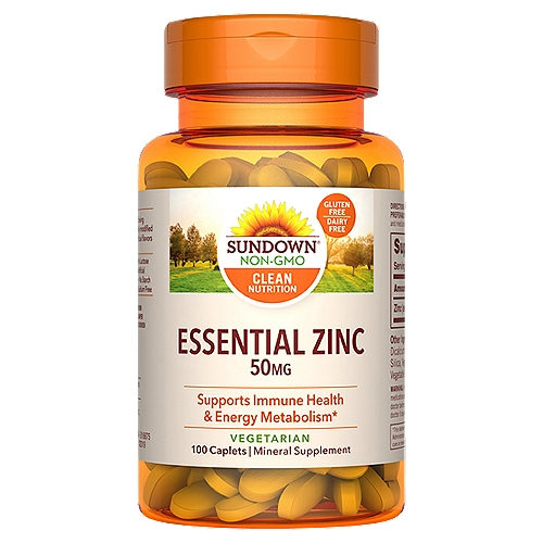 Sundown Zinc Gluconate 50 mg, 100 Caplets
Sundown Zinc 50 Mg Caplets supports antioxidant and immune health in your body.* Everyday stress can affect your immune system, and our Zinc caplets are a great way to support your immune health on a daily basis.* One Sundown Zinc 50 Mg caplet a day is all you need to reap the benefits of this important mineral.* In addition, Sundown Zinc caplets are Non-GMO and gluten-free. *These statements have not been evaluated by the Food and Drug Administration. This product is not intended to diagnose, treat, cure or prevent any disease

Supports immune health & energy metabolism*
*This statement has not been evaluated by the Food and Drug Administration. This product is not intended to diagnose, treat, cure or prevent any disease.

Non-GMO, no gluten, no wheat, no milk, no lactose, no artificial color, no artificial flavor, no artificial sweetener, no preservatives, no sugar, no soy, no starch, no yeast, no peanuts, no tree nuts, no fish, sodium free