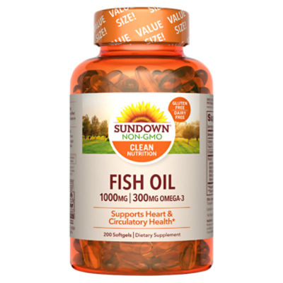 Sundown Fish Oil 1000 mg, Omega-3 Dietary Supplement, Supports Heart Health, 200 Softgels