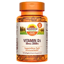Sundown Naturals Vitamin D3 Softgels, 2000 IU 50 mcg, 150 count, 150 Each