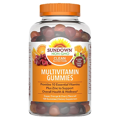 Sundown Adult Multivitamin Gummies with Vitamin D3 are a perfect choice for those who are young at heart. They provide comprehensive nutritional support for bone, immune and heart health, and contribute to energy metabolism.* These delicious gluten-free gummies come in Orange, Cherry and Grape flavors. These delicious gummies are fun to take, and provide you with over 10 vitamins and minerals to contribute to your overall health and wellness.* *This statement has not been evaluated by the Food and Drug Administration. This product is not intended to diagnose, treat, cure or prevent any disease.nnProvides 10 essential vitamins plus zinc to support overall health & wellness*n*This statement has not been evaluated by the Food and Drug Administration. This product is not intended to diagnose, treat, cure or prevent any disease.nnNon-GMO, no gluten, no wheat, no milk, no lactose, no artificial flavor, no artificial sweetener, no soy, no yeast, no peanuts, no tree nuts, no fish, sodium free