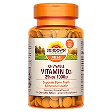 Sundown Naturals Vitamin D3 Strawberry-Banana Flavored Chewable Tablets, 25 mcg 1000 IU, 120 count