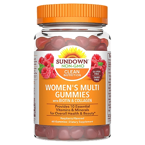 Sundown Naturals Raspberry Flavored Women's Multivitamin Gummies, 60 count
Dietary Supplement

Smart Facts
• Naturally sourced colors
• No preservatives
• Supports overall health & beauty*
*This statement has not been evaluated by the Food and Drug Administration. This product is not intended to diagnose, treat, cure or prevent any disease.

Non-GMO. No gluten, no wheat, no milk, no lactose, no artificial flavor, no artificial sweetener, no preservatives, no soy, no yeast, no fish. Sodium free.