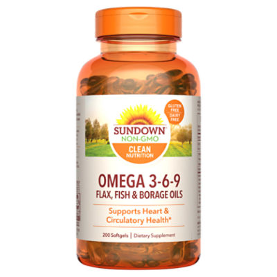 Sundown Omega-3 6 9, With Flax, Fish and Borage Oils, Supports Heart and Circulatory Health, 200 Softgels