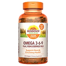 Sundown Omega-3 6 9, With Flax, Fish and Borage Oils, Supports Heart and Circulatory Health, 200 Softgels