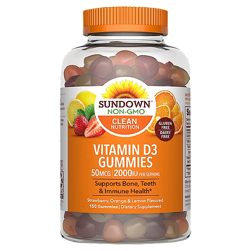Sundown Vitamin D3, 150 Gummies
Sundown® Vitamin D3 Gummies are a fun, great tasting way to get your daily vitamin D3, which is the more potent and active form of the vitamin. These tasty strawberry, orange, and lemon flavored gummies supply you with important support for your bones and teeth.* Vitamin D3 also assists in maintaining immune health, and with our Vitamin D3 Gummies, you can be your healthy best every day.* *These statements have not been evaluated by the Food and Drug Administration. This product is not intended to diagnose, treat, cure or prevent any disease.

Supports bone, teeth & immune health*
*This statement has not been evaluated by the food and drug administration this product is not intended to diagnose, treat, cure or prevent any disease.

Non-GMO, no gluten, no wheat, no milk, no lactose, no artificial flavor, no soy, no peanuts, no tree nuts, no yeast, no fish, sodium free