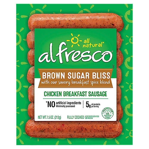Al Fresco All Natural Brown Sugar Bliss Chicken Breakfast Sausage, 7.5. oz
All natural*
*No artificial ingredients, minimally processed