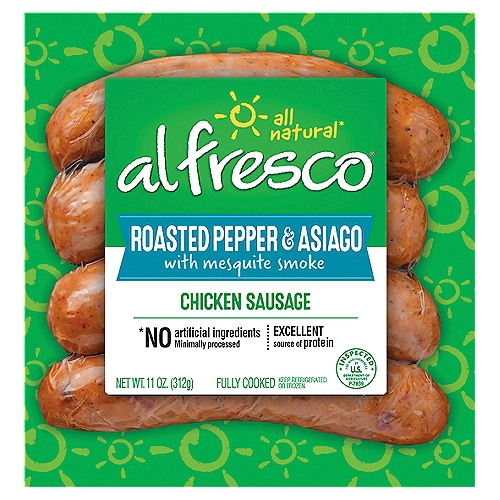 Al Fresco Roasted Pepper & Asiago with Mesquite Smoke Chicken Sausage, 4 count, 11 oz
All natural*
*No artificial ingredients minimally processed
