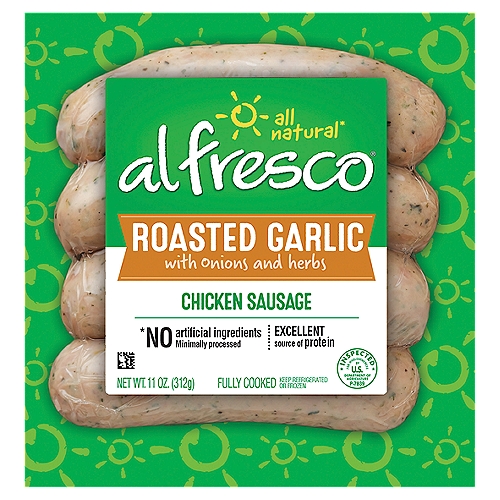 Al Fresco Roasted Garlic with Onions and Herbs Chicken Sausage, 4 count, 11 oz
All natural*
*No artificial ingredients minimally processed