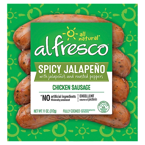 Al Fresco Spicy Jalapeño with Jalapeño's and Roasted Peppers Chicken Sausage, 4 count, 11 oz
All natural*
*No artificial ingredients minimally processed