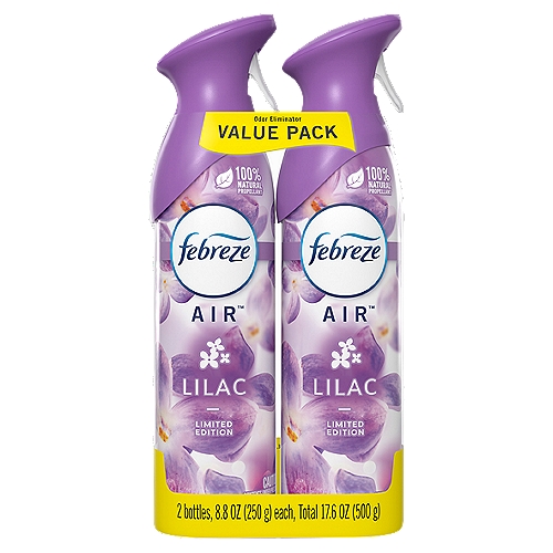 Febreze Air Effects Odor-Eliminating Air Freshener Lilac, 8.8 oz. Aerosol Can, Pack of 2
Odors. They're everywhere… lingering in the air or arising at the most awkward times. Forget masking them with some froo-froo spray; Febreze Air Effects actually eliminates air odors. This can of ahhh-some straight up removes stink with a neat little molecule called cyclodextrin (Bonus: It's naturally made from corn). It's a handy air freshener that's easy to use: Simply spray in a sweeping motion and clean away those bad smells anywhere... the bathroom, the kitchen, that cabin you rented for the weekend, the shoe closet, your kid's room… anytime you want an instant burst of fresh. Bring your secret garden indoors with the freshly picked floral scent of Lilac. And because Febreze AIR uses 100% natural propellants, you can confidently freshen your home every day. Looking for even more ways to breathe happy with Febreze? Take the freshness on the road with CAR Vent Clips.