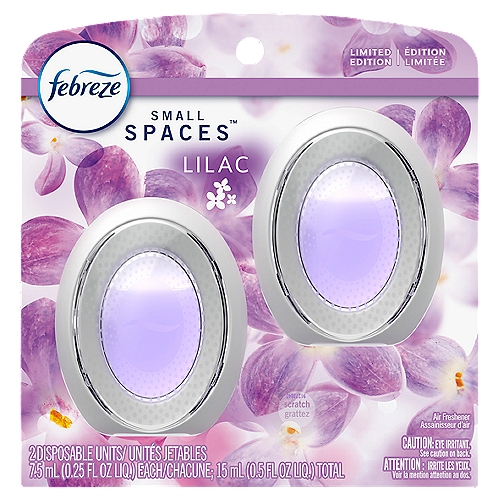 Febreze Small Spaces Air Freshener Lilac, .25 fl. oz., Pack of 2
Stuck between a stink and a tight space? No worries! Febreze Small Spaces air fresheners are now longer lasting and prevent odors from lingering for up to 45 days. So, they're the perfect, all-in-one odor eliminator for all those tiny spots you forget need to be freshened up: We're talkin' bathrooms, closets, the corner where your cat's litter box lives, and more. Just press firmly to activate, then set one down wherever you want continuous freshness… it'll keep eliminating those small-room stinks for 45 days. Bring your secret garden indoors with the freshly picked floral scent of Lilac. Want to keep hitting refresh around your home? Give other scents a try and keep spreading that fresh joy around.

1 Small Spaces = 4 Cones*
* Up to 4x the scent intensity of the leading cone brand
