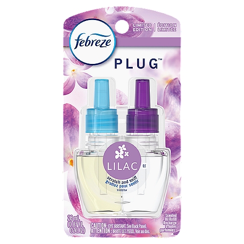 Febreze Odor-Eliminating Fade Defy PLUG Air Freshener Lilac, (1) .87 fl. oz. Oil Refill
Have you experienced your plug air freshener scent fading? Good news: Febreze Fade Defy PLUG Air Freshener stays true to its name, delivering a first day fresh that lasts a full 50 days (on low setting). Ready to hit refresh and be an A+ odor eliminator? Just refill the Febreze Fade Defy PLUG and plug it into any outlet (they'll even rotate if your outlet is upside down) in any high-traffic area of your home… the kitchen, bathroom, or anywhere else odors like to linger. Bonus? When it's time for a refill, the automatic air freshener will let you know with its handy low-level indicator light. And this scent refill pack comes with one Fade Defy PLUG refill so you can keep that freshness going. Bring your secret garden indoors with the freshly picked floral scent of Lilac. Looking for an instant burst of fresh on funky fabrics? Give Febreze Fabric Refresher a try.

First Day Fresh for 50 Days*
* On Low

Febreze Warmer Has a Blue Light that:
• Flashes twice when first plugged in to show it's working
• Flashes continuously when it may be time for a new refill