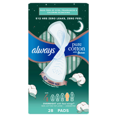 Always Pure Cotton with Flexfoam Overnight with Flexi-Wings Unscented Pads, Size 4, 28 count