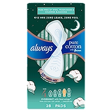 Always Pure Cotton Feminine Pads for Women, Size 4, with wings, Unscented, 28 CT