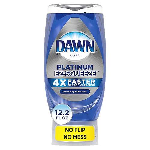 Dawn Ultra Platinum Ez-Squeeze Refreshing Rain Scent Dishwashing Liquid, 12.2 fl oznNEW Dawn EZ-Squeeze bottle, there's no flip and no mess. The EZ-Squeeze bottle makes dishwashing fast and easy. Plus, Dawn's powerful formula makes for the Easiest, Squeeziest, Tackle your greasiest clean. From the first squeeze to the last, you'll never worry about wasting a drop with Dawn's new EZ-Squeeze bottle. No matter what you've got cooking in the kitchen, Dawn dishwashing liquid dish soap will leave your dishes squeaky clean every time. Get your ultimate clean and be the kitchen hero with the Grease Cleaning power of Dawn dishwashing liquid dish soap. With 50% less scrubbing* (*vs. Dawn Non-Concentrated), Dawn dishwashing liquid dish soap works harder so you can get back to spending quality time with your family. Dawn dishwashing liquid dish soap can even be used to clean items beyond the kitchen sink. Use Dawn dishwashing liquid to remove grease and grime from external car surfaces and the outer shroud of a gas grill. Dawn dishwashing liquid dish soap is tough on grease, yet gentle. It's so gentle that Dawn dishwashing liquid helps save rescued wildlife from oil spills. Dawn dishwashing liquid dish soap is Americas #1 Dish Liquid* (*based on sales).