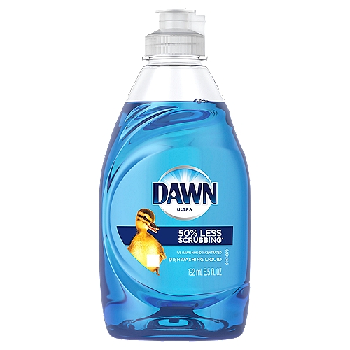 Dawn Ultra Dishwashing Liquid Dish Soap, Original Scent, 6.5 fl oz
Think all dish soaps are the same? Think again. No matter what you've got cooking in the kitchen, Dawn Ultra Original dishwashing liquid dish soap will leave your dishes squeaky clean every time. Get your ultimate clean and be the kitchen hero with the Grease Cleaning power of Dawn dishwashing liquid dish soap. With 50% less scrubbing* (*vs. Dawn Non-Concentrated), Dawn dishwashing liquid dish soap works harder so you can get back to spending quality time with your family. Dawn dishwashing liquid dish soap can even be used to clean items beyond the kitchen sink. Use Dawn dishwashing liquid to remove grease and grime from external car surfaces and the outer shroud of a gas grill. Dawn dishwashing liquid dish soap is tough on grease, yet gentle. It's so gentle that Dawn dishwashing liquid helps save rescued wildlife from oil spills. Dawn dishwashing liquid dish soap is Americas #1 Dish Liquid* (*based on sales).