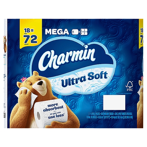 Charmin Ultra Soft Toilet Paper 18 Mega Roll, 244 sheets per roll
Charmin Ultra Soft is our softest toilet paper ever so it is harder than ever to resist! It is 2X more absorbent versus the leading bargain brand. When you buy Charmin Ultra Soft Mega Roll toilet paper you get a big, long-lasting roll because one Charmin Mega Roll equals 4 Regular Rolls*. Also, Charmin Ultra Soft bath tissue is 2-ply and septic-safe. We all go to the bathroom, those who go with Charmin Ultra Soft toilet paper really Enjoy the Go!
(*based on number of sheets in Charmin regular roll bath tissue)

18 Mega = 72 Regular**
1 Mega = 4 Regular Rolls**
**Based on number of sheets in Charmin Regular Roll

More absorbent so you can use less*
*vs. USA leading 1-ply bargain brand