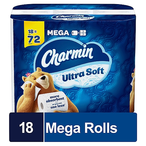 Charmin Ultra Soft is our softest toilet paper ever so it is harder than ever to resist! It is 2X more absorbent versus the leading bargain brand. When you buy Charmin Ultra Soft Mega Roll toilet paper you get a big, long-lasting roll because one Charmin Mega Roll equals 4 Regular Rolls*. Also, Charmin Ultra Soft bath tissue is 2-ply and septic-safe. We all go to the bathroom, those who go with Charmin Ultra Soft toilet paper really Enjoy the Go!
(*based on number of sheets in Charmin regular roll bath tissue)

18 Mega = 72 Regular**
1 Mega = 4 Regular Rolls**
**Based on number of sheets in Charmin Regular Roll

More absorbent so you can use less*
*vs. USA leading 1-ply bargain brand