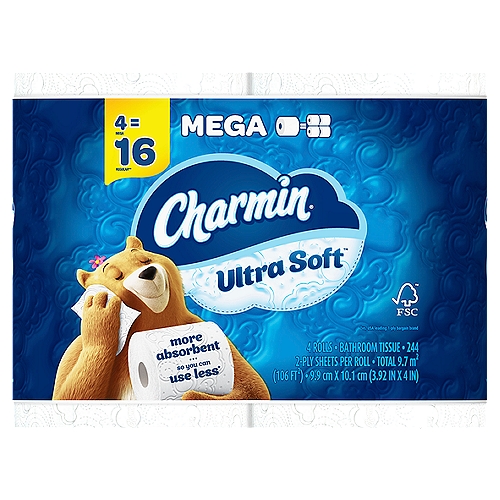 Charmin Ultra Soft Toilet Paper 4 Mega Rolls, 244 Sheets Per Roll
Charmin Ultra Soft is our softest toilet paper ever so it is harder than ever to resist! It is 2X more absorbent versus the leading bargain brand. When you buy Charmin Ultra Soft Mega Roll toilet paper you get a big, long-lasting roll because one Charmin Mega Roll equals 4 Regular Rolls*. Also, Charmin Ultra Soft bath tissue is 2-ply and septic-safe. We all go to the bathroom, those who go with Charmin Ultra Soft toilet paper really Enjoy the Go!
(*based on number of sheets in Charmin regular roll bath tissue)

4 Mega = 16 Regular**
1 Mega - 4 Regular Rolls**