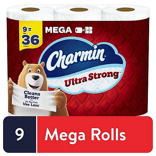 Charmin Ultra Strong Bathroom Tissue, 9 count
Get sparkly clean with Charmin Ultra Strong. It's 4X stronger when wet* and has a diamond weave texture. It's woven like a washcloth and holds up when you wipe. It even cleans better so you can use less* and go longer without changing the roll**. We also made it MEGA in size, so you get mega value. That's right, our Charmin Ultra Strong Mega Roll is way bigger, equals 4 regular rolls, and it's more bang for your behind so you'll be running back to the store less and less (based on number of sheets in Charmin Regular Roll bath tissue). Our Charmin Ultra Strong toilet paper is also 2-ply and designed to be clog-safe and septic-safe so you can flush confidentially and keep clean. We all go, why not Enjoy The Go with America's favorite toilet paper***.*vs. leading USA 1-ply bargain brand** vs. Charmin Regular Roll***Charmin Brand based on sales. Source: Nielsen 2021 dollar sales.