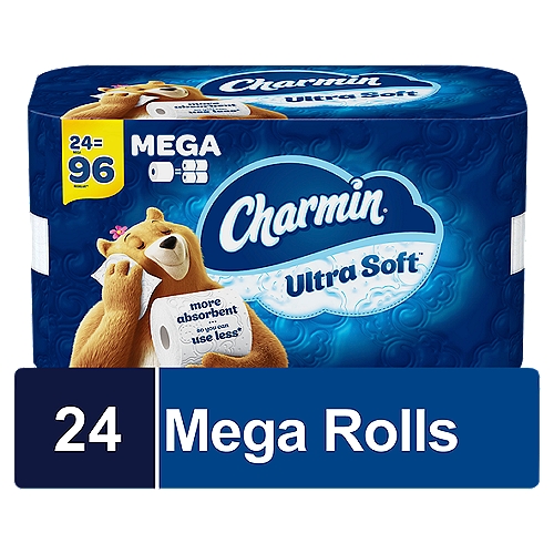 Charmin Ultra Soft is our softest toilet paper ever so it is harder than ever to resist! It is 2X more absorbent versus the leading bargain brand. When you buy Charmin Ultra Soft Mega Roll toilet paper you get a big, long-lasting roll because one Charmin Mega Roll equals 4 Regular Rolls*. Also, Charmin Ultra Soft bath tissue is 2-ply and septic-safe. We all go to the bathroom, those who go with Charmin Ultra Soft toilet paper really Enjoy the Go!n(*based on number of sheets in Charmin regular roll bath tissue)nnBathroom Tissuenn24 Mega = 96 Regular**n1 Mega = 4 Regular Rolls**n**based on number of sheets in Charmin Regular RollnnMore absorbent so you can use less*n*vs. USA leading 1-ply bargain brand