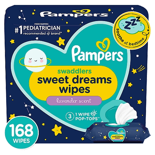 Pampers Lavender Scent Swaddlers Sweet Dreams Wipes, 3 pack, 168 count
When it's time to wind down, reach for Pampers Sweet Dreams wipes to help soothe your baby at bedtime. Lightly scented with dreamy lavender aromas, these baby wipes are made to be gentle on sensitive skin. Safe to use on your baby from head to toe, Sweet Dreams wipes are hypoallergenic and free of parabens and latex.*For less waste and to keep wipes fresh, our unique pop-top is designed to dispense one wipe at a time. As part of your baby's nighttime routine, use Pampers Sweet Dreams Wipes with Pampers Swaddlers Overnights diapers for healthy skin. From Pampers, the #1 Pediatrician recommended brand.*Natural Rubber