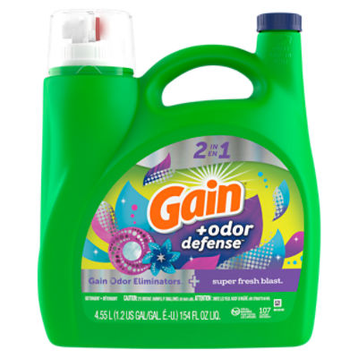 Gain + Odor Defense Liquid Laundry Detergent, Super Fresh Blast Scent, 154 fl oz, 107 Loads, HE Compatible