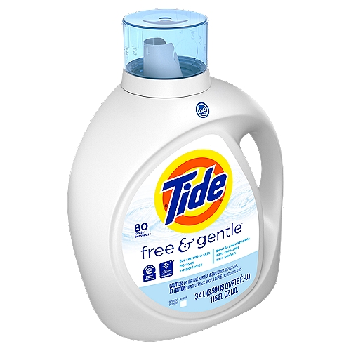 Tide Free & Gentle Liquid Laundry Detergent, 80 loads, 115 fl oz
Have peace of mind with Tide Free & Gentle Liquid Laundry Detergent that will keep your clothes brilliantly clean and your family's skin safe. Tide Free and Gentle is a powerful hypoallergenic laundry detergent that is free of dyes and perfumes. It removes more residue from dirt, food and stains than the leading Free detergent.* *vs. leading national competitor Free detergent

HE Turbo™ for All Machines

80 Loads⟡
⟡ Contains approximately 80 loads as measured just below bar 1 on cap.