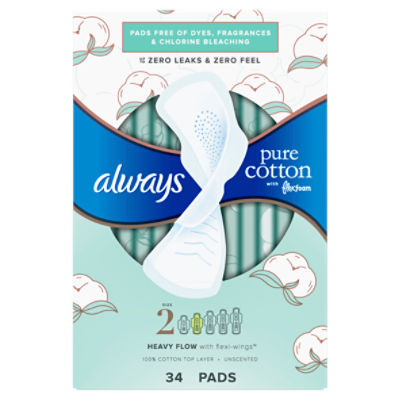 Always Pure Cotton Heavy Flow with Flexi-Wings Unscented Pads, Size 2, 34 count