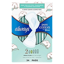 Always Pure Cotton Feminine Pads for Women, Size 2, Heavy Flow, with wings, unscented, 34 CT