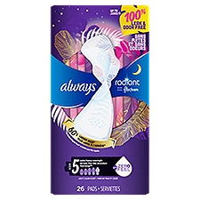Always Radiant FlexFoam Pads for Women, Size 5, Extra Heavy Overnight Absorbency, 100% Leak & Odor Free Protection is possible, with Wings, Scented, 26 count