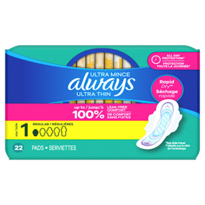 Always Ultra Thin Feminine Pads with Wings for Women, Size 1, Regular Absorbency, Unscented, 22 Ct