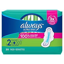 Always Ultra Thin Daytime Pads with Wings, Size 2, Long Super, Unscented, 20 CT